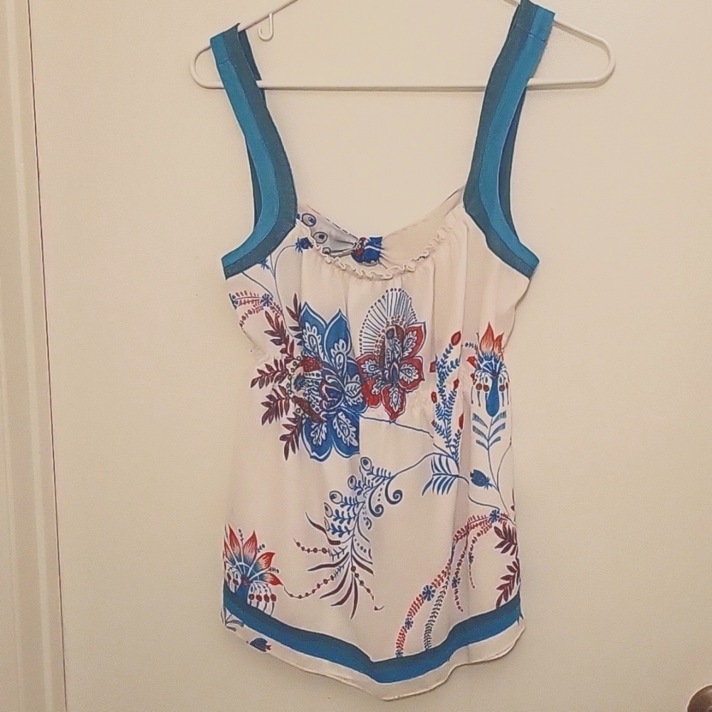 Vintage Guess White Silk Tank with Two-toned Teal Blues and Floral Design